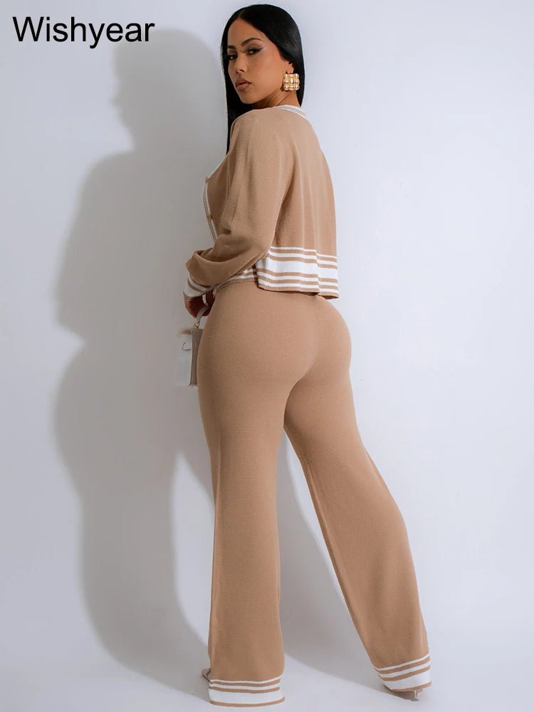 Casual Active Wear Knitted Tracksuit Women 3 Piece Set Sporty Fitness Striped Top + Bra+ Wide Leg Pants Outfits Jogging Femme from NAPSA -