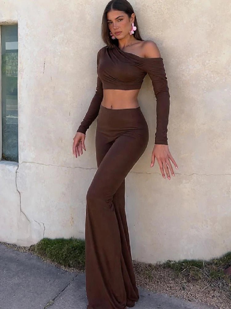 Whatiwear Fashion Elegant 2 Piece Set Women Skew Collar Off Shoulders Full Sleeve Crop Tops+Hollow Folds Skirt Prom Party Suits from NAPSA -