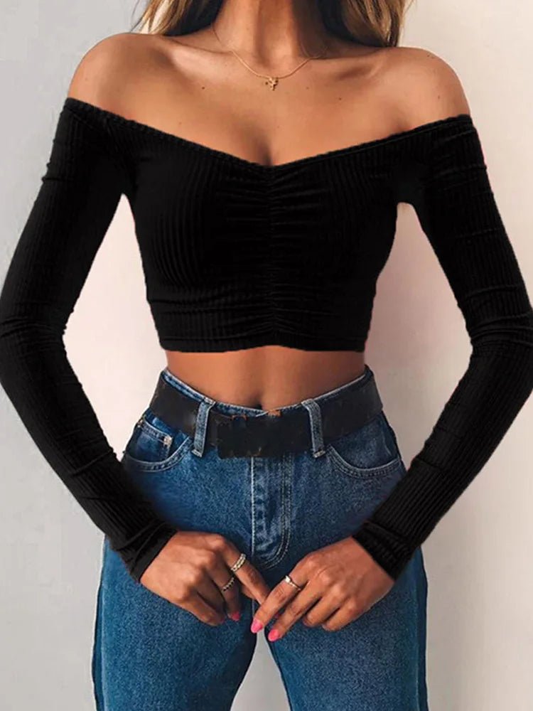 Women T-shirts sexy and club fashion female T-shirt long sleeve off shoulder solid color lady Tshirt autumn basic tees from NAPSA -