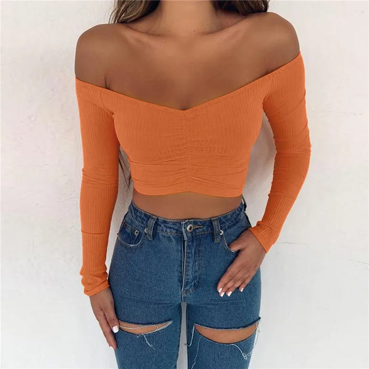Women T-shirts sexy and club fashion female T-shirt long sleeve off shoulder solid color lady Tshirt autumn basic tees from NAPSA -