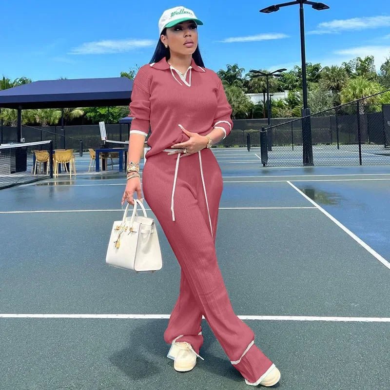 Active Wear Knitted Casual Tracksuit for Women Two Piece Set Sporty Fitness Striped Sweater Top and Wide Leg Pants Jogging Femme from NAPSA - 