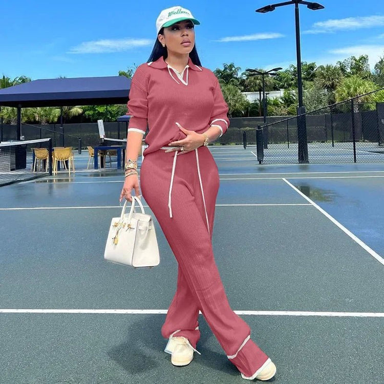 Active Wear Knitted Casual Tracksuit for Women Two Piece Set Sporty Fitness Striped Sweater Top and Wide Leg Pants Jogging Femme from NAPSA - 