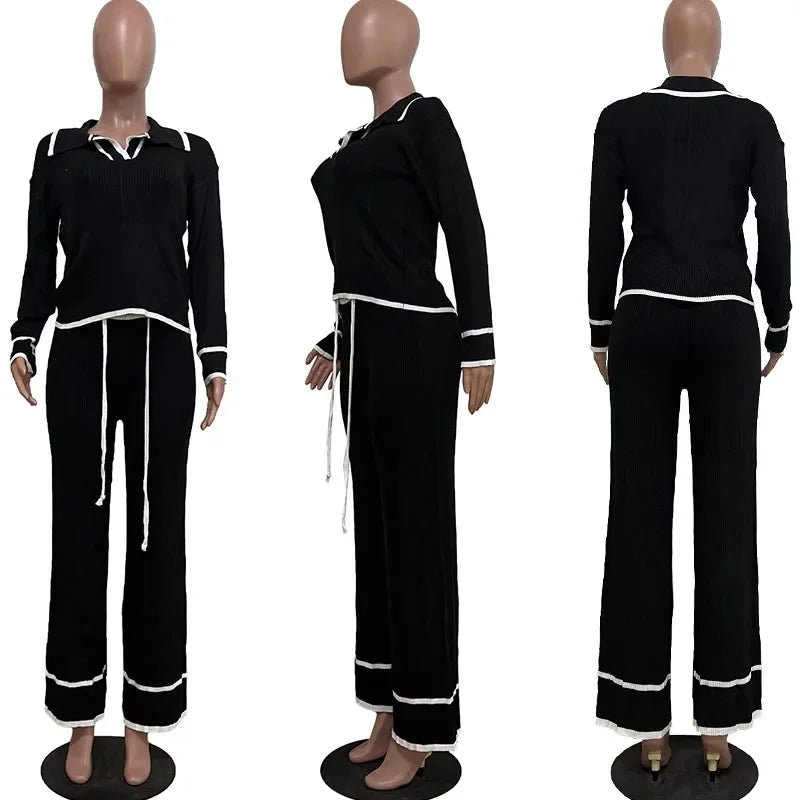 Active Wear Knitted Casual Tracksuit for Women Two Piece Set Sporty Fitness Striped Sweater Top and Wide Leg Pants Jogging Femme from NAPSA - 