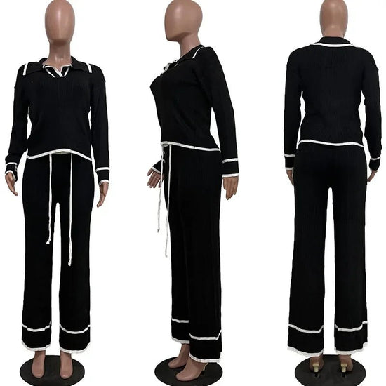 Active Wear Knitted Casual Tracksuit for Women Two Piece Set Sporty Fitness Striped Sweater Top and Wide Leg Pants Jogging Femme from NAPSA - 