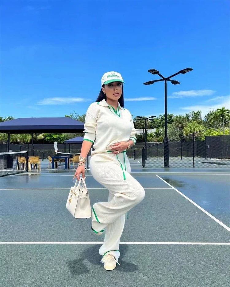 Active Wear Knitted Casual Tracksuit for Women Two Piece Set Sporty Fitness Striped Sweater Top and Wide Leg Pants Jogging Femme from NAPSA - 
