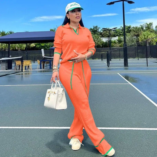 Active Wear Knitted Casual Tracksuit for Women Two Piece Set Sporty Fitness Striped Sweater Top and Wide Leg Pants Jogging Femme from NAPSA - 