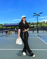 Active Wear Knitted Casual Tracksuit for Women Two Piece Set Sporty Fitness Striped Sweater Top and Wide Leg Pants Jogging Femme from NAPSA - 