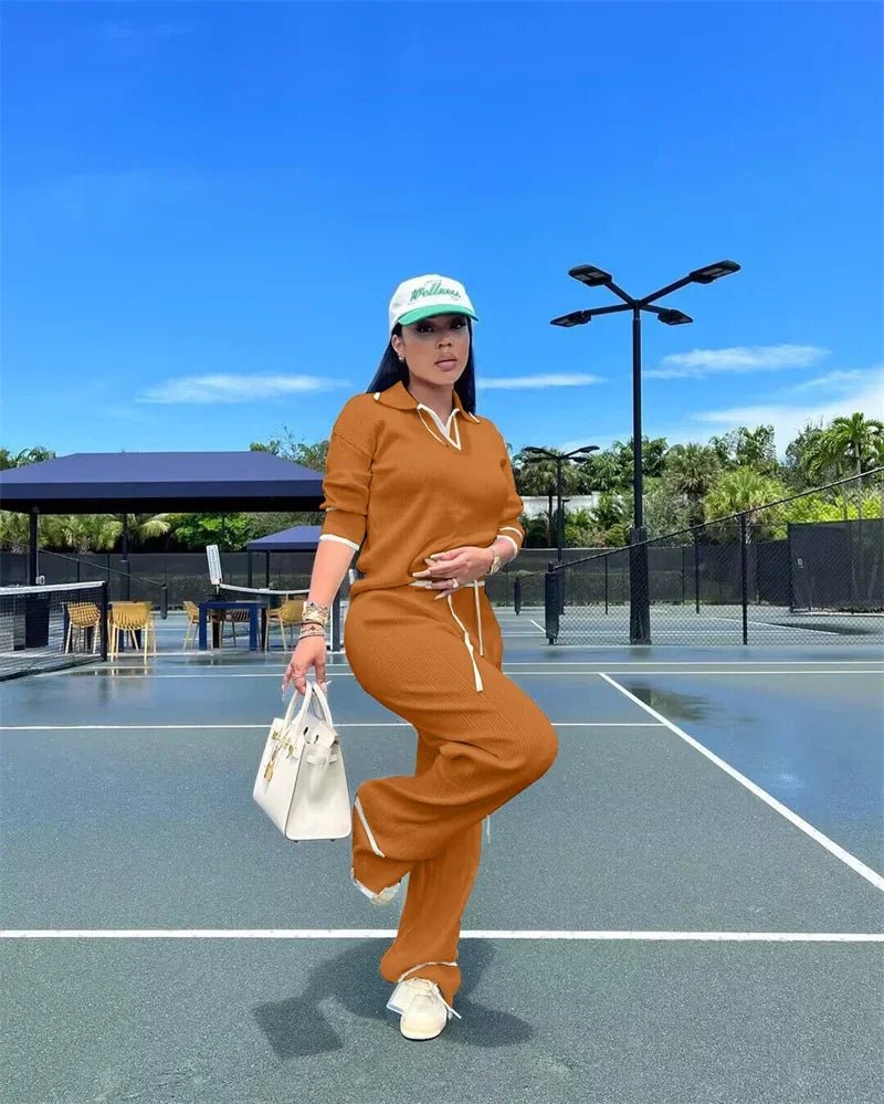 Active Wear Knitted Casual Tracksuit for Women Two Piece Set Sporty Fitness Striped Sweater Top and Wide Leg Pants Jogging Femme from NAPSA - 