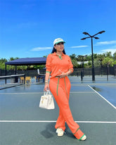 Active Wear Knitted Casual Tracksuit for Women Two Piece Set Sporty Fitness Striped Sweater Top and Wide Leg Pants Jogging Femme from NAPSA - 
