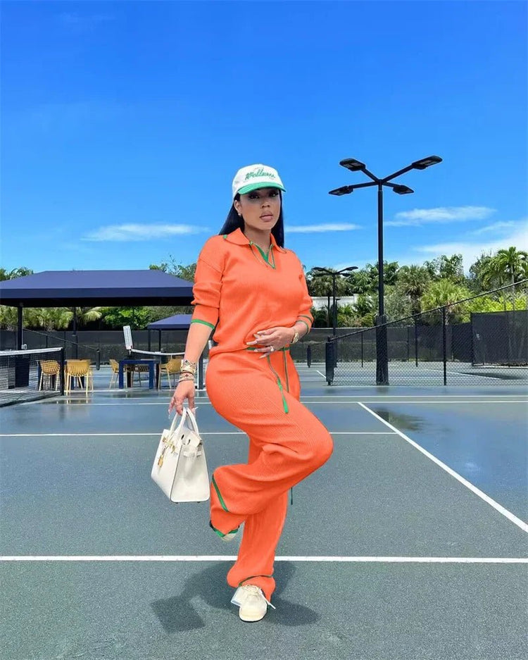 Active Wear Knitted Casual Tracksuit for Women Two Piece Set Sporty Fitness Striped Sweater Top and Wide Leg Pants Jogging Femme from NAPSA - 