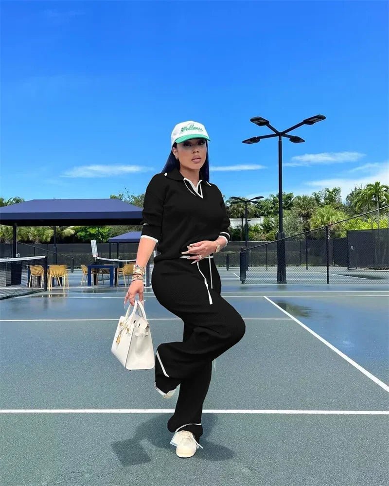 Active Wear Knitted Casual Tracksuit for Women Two Piece Set Sporty Fitness Striped Sweater Top and Wide Leg Pants Jogging Femme from NAPSA - 