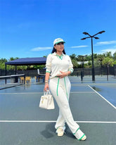 Active Wear Knitted Casual Tracksuit for Women Two Piece Set Sporty Fitness Striped Sweater Top and Wide Leg Pants Jogging Femme from NAPSA - 