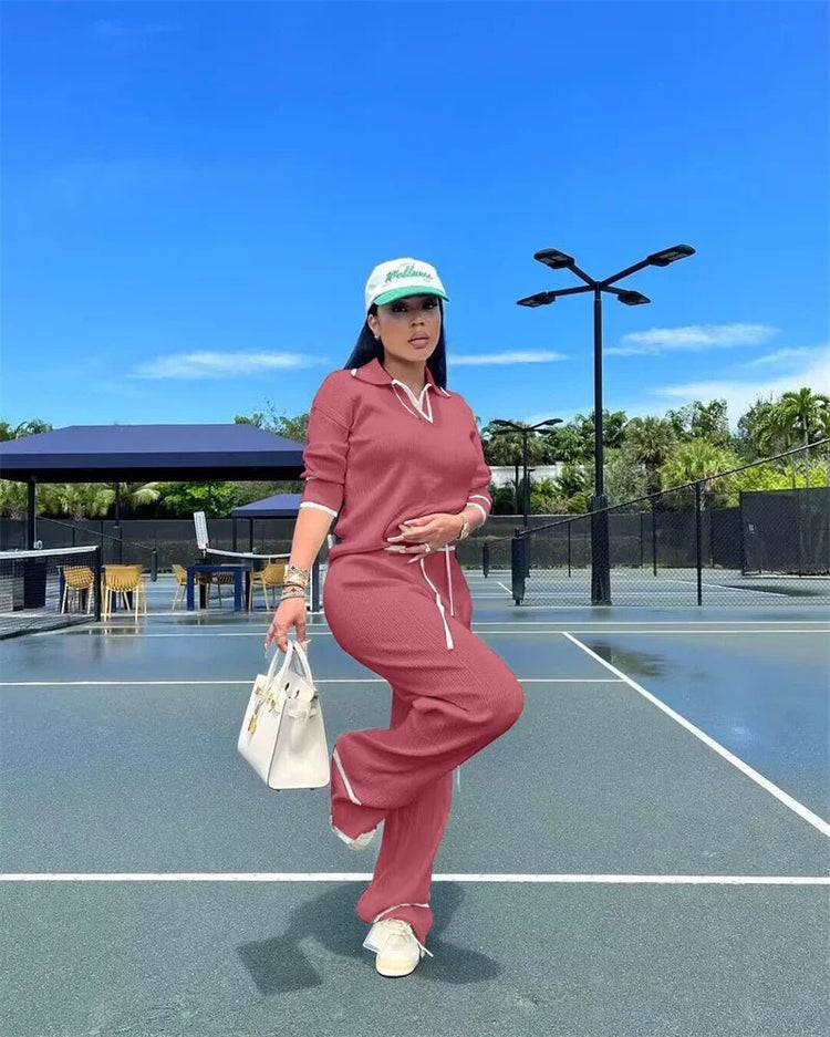 Active Wear Knitted Casual Tracksuit for Women Two Piece Set Sporty Fitness Striped Sweater Top and Wide Leg Pants Jogging Femme from NAPSA - 