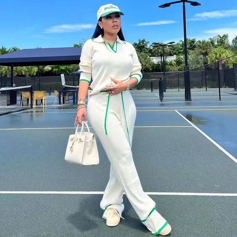 Active Wear Knitted Casual Tracksuit for Women Two Piece Set Sporty Fitness Striped Sweater Top and Wide Leg Pants Jogging Femme from NAPSA - 