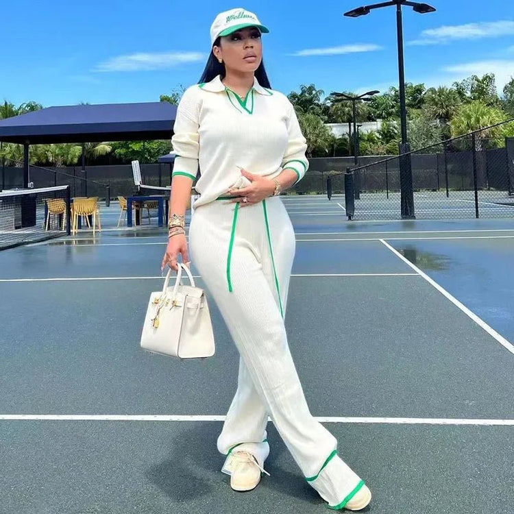 Active Wear Knitted Casual Tracksuit for Women Two Piece Set Sporty Fitness Striped Sweater Top and Wide Leg Pants Jogging Femme from NAPSA - 