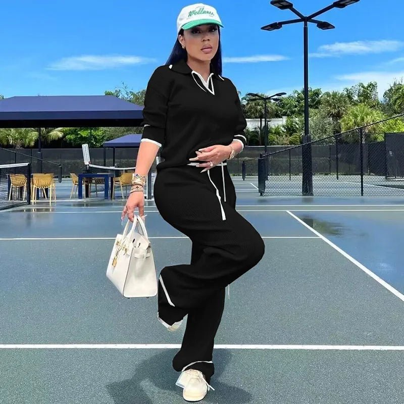 Active Wear Knitted Casual Tracksuit for Women Two Piece Set Sporty Fitness Striped Sweater Top and Wide Leg Pants Jogging Femme from NAPSA - 