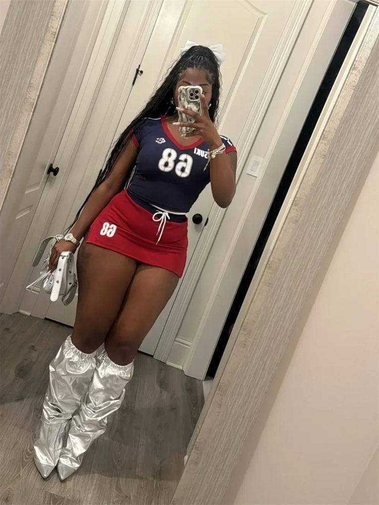 Active Wear Women 2 Piece Set Letter Print Short Sleeve Tops Shorts Skirt Outfits Spring Summer Sport Fitness Two Piece Sets from NAPSA - 