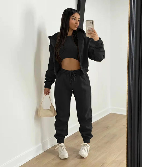 Active Wear Women 3 Piece Tracksuit Fleece Hoodies Sweatpants Vest Plain Outfits Fall Winter Sport Jogger 2 Piece Matching Set from NAPSA - 