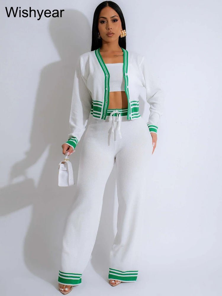 Casual Active Wear Knitted Tracksuit Women 3 Piece Set Sporty Fitness Striped Top + Bra+ Wide Leg Pants Outfits Jogging Femme from NAPSA - 