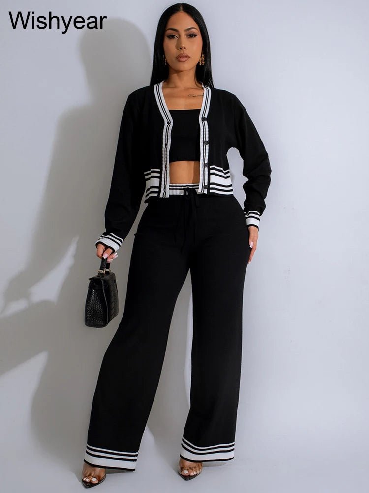 Casual Active Wear Knitted Tracksuit Women 3 Piece Set Sporty Fitness Striped Top + Bra+ Wide Leg Pants Outfits Jogging Femme from NAPSA - 
