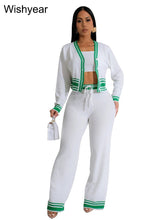 Casual Active Wear Knitted Tracksuit Women 3 Piece Set Sporty Fitness Striped Top + Bra+ Wide Leg Pants Outfits Jogging Femme from NAPSA - 