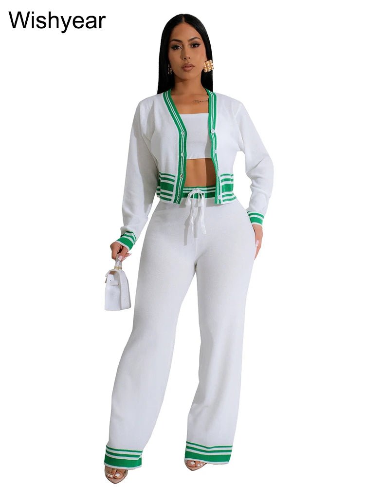 Casual Active Wear Knitted Tracksuit Women 3 Piece Set Sporty Fitness Striped Top + Bra+ Wide Leg Pants Outfits Jogging Femme from NAPSA - 