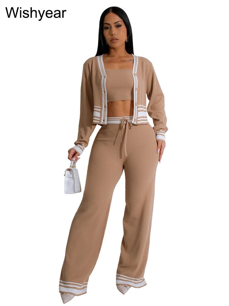 Casual Active Wear Knitted Tracksuit Women 3 Piece Set Sporty Fitness Striped Top + Bra+ Wide Leg Pants Outfits Jogging Femme from NAPSA - 