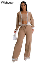 Casual Active Wear Knitted Tracksuit Women 3 Piece Set Sporty Fitness Striped Top + Bra+ Wide Leg Pants Outfits Jogging Femme from NAPSA - 