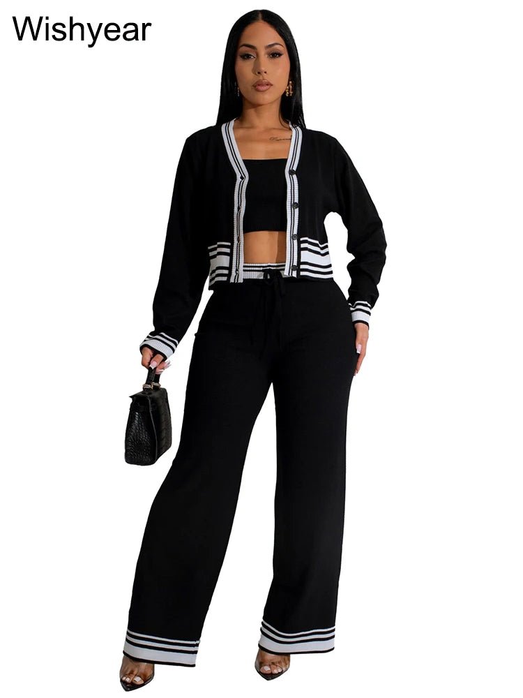 Casual Active Wear Knitted Tracksuit Women 3 Piece Set Sporty Fitness Striped Top + Bra+ Wide Leg Pants Outfits Jogging Femme from NAPSA - 