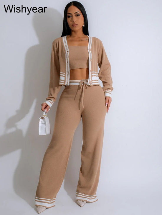 Casual Active Wear Knitted Tracksuit Women 3 Piece Set Sporty Fitness Striped Top + Bra+ Wide Leg Pants Outfits Jogging Femme from NAPSA - 