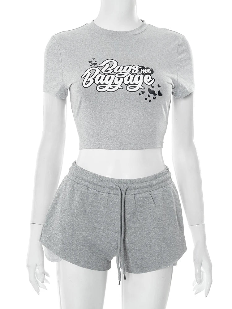 Whatiwear Casual Sporty 2 Piece Set Women Letter Print Raw Edge o - Neck Crop Tops+Drawstring Shorts Matching Simple Sporty Suits from NAPSA - 