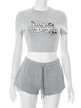 Whatiwear Casual Sporty 2 Piece Set Women Letter Print Raw Edge o - Neck Crop Tops+Drawstring Shorts Matching Simple Sporty Suits from NAPSA - 