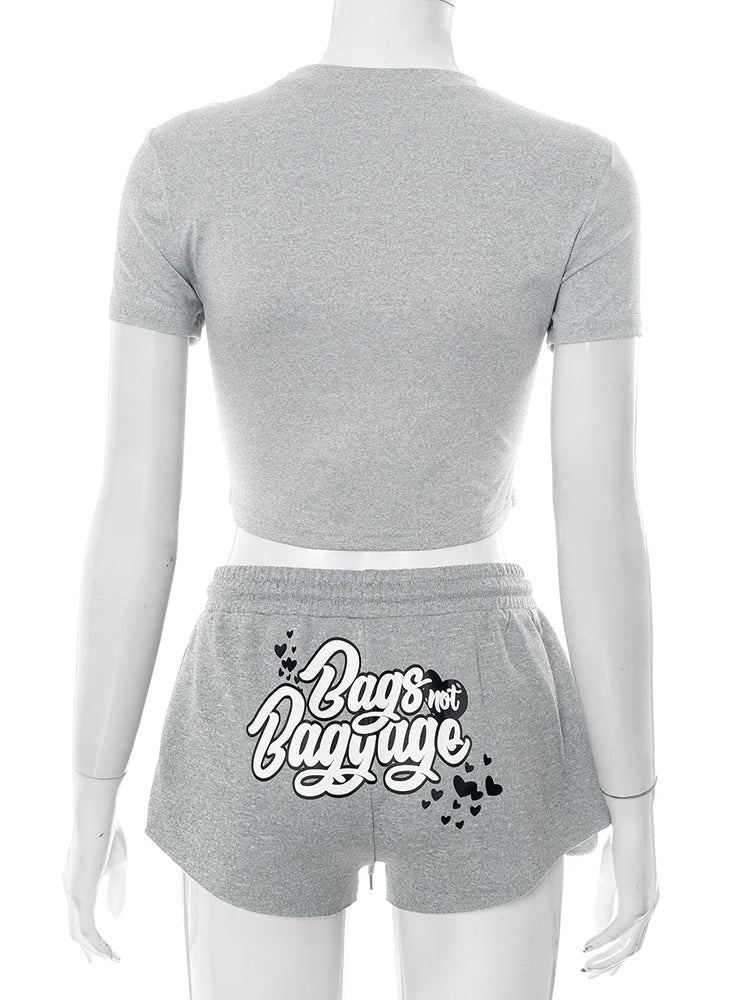 Whatiwear Casual Sporty 2 Piece Set Women Letter Print Raw Edge o - Neck Crop Tops+Drawstring Shorts Matching Simple Sporty Suits from NAPSA - 