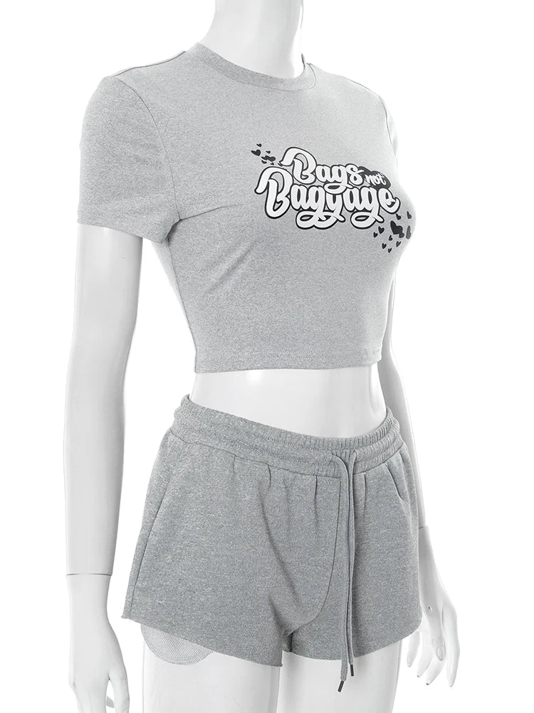Whatiwear Casual Sporty 2 Piece Set Women Letter Print Raw Edge o - Neck Crop Tops+Drawstring Shorts Matching Simple Sporty Suits from NAPSA - 