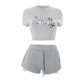 Whatiwear Casual Sporty 2 Piece Set Women Letter Print Raw Edge o - Neck Crop Tops+Drawstring Shorts Matching Simple Sporty Suits from NAPSA - 