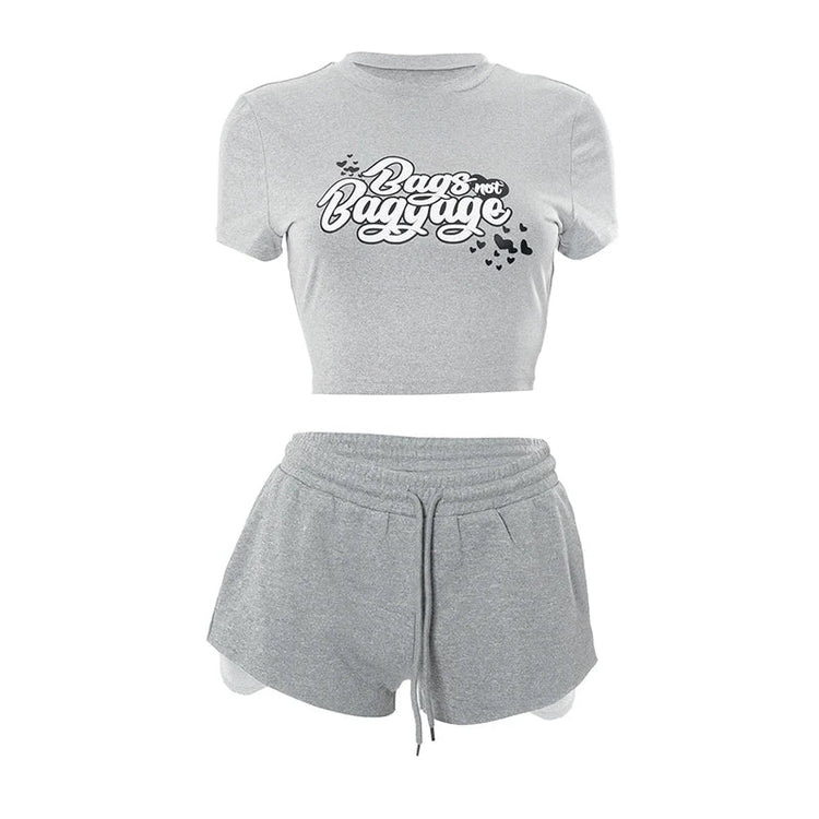 Whatiwear Casual Sporty 2 Piece Set Women Letter Print Raw Edge o - Neck Crop Tops+Drawstring Shorts Matching Simple Sporty Suits from NAPSA - 