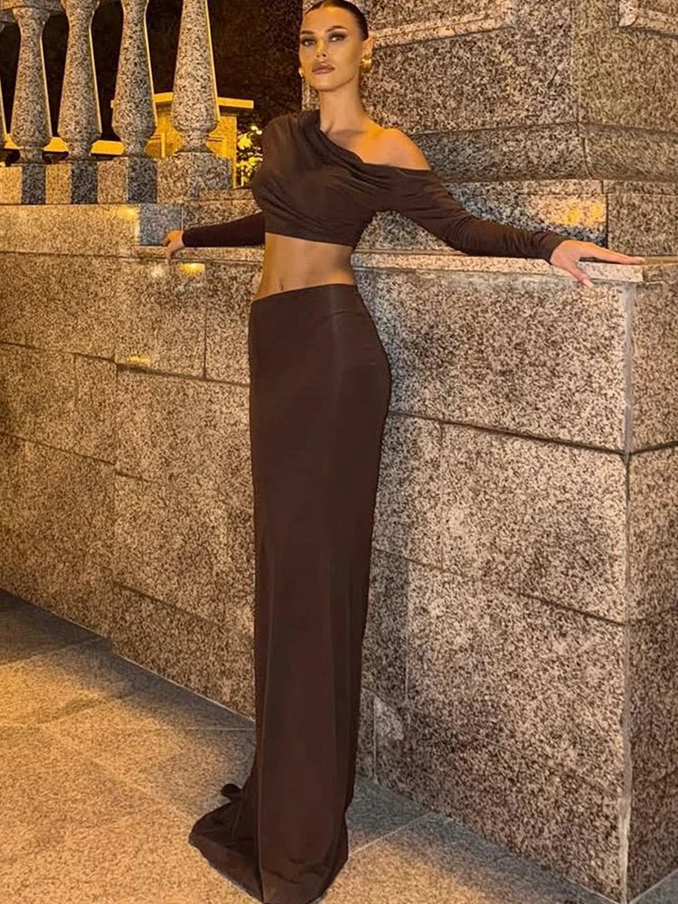 Whatiwear Fashion Elegant 2 Piece Set Women Skew Collar Off Shoulders Full Sleeve Crop Tops+Hollow Folds Skirt Prom Party Suits from NAPSA - 