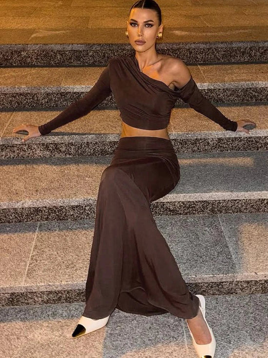Whatiwear Fashion Elegant 2 Piece Set Women Skew Collar Off Shoulders Full Sleeve Crop Tops+Hollow Folds Skirt Prom Party Suits from NAPSA - 