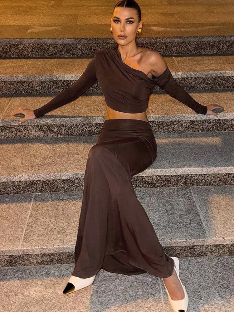 Whatiwear Fashion Elegant 2 Piece Set Women Skew Collar Off Shoulders Full Sleeve Crop Tops+Hollow Folds Skirt Prom Party Suits from NAPSA - 