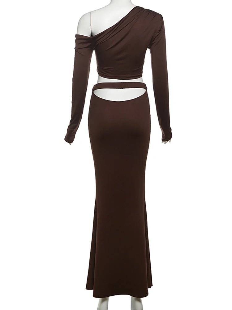 Whatiwear Fashion Elegant 2 Piece Set Women Skew Collar Off Shoulders Full Sleeve Crop Tops+Hollow Folds Skirt Prom Party Suits from NAPSA - 
