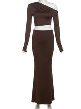 Whatiwear Fashion Elegant 2 Piece Set Women Skew Collar Off Shoulders Full Sleeve Crop Tops+Hollow Folds Skirt Prom Party Suits from NAPSA - 
