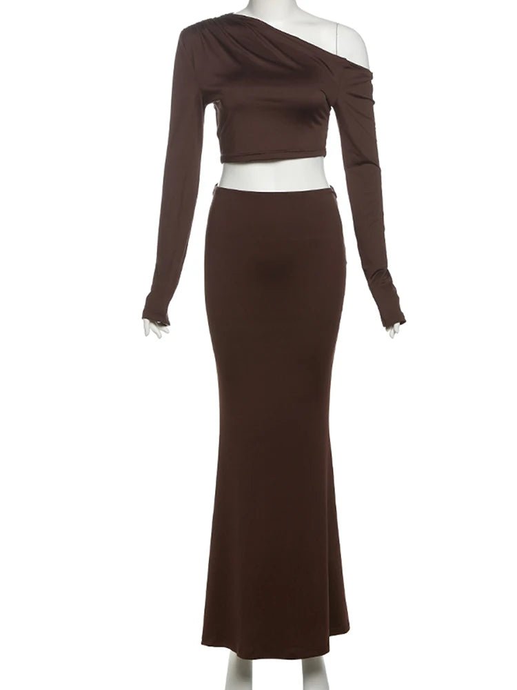 Whatiwear Fashion Elegant 2 Piece Set Women Skew Collar Off Shoulders Full Sleeve Crop Tops+Hollow Folds Skirt Prom Party Suits from NAPSA - 