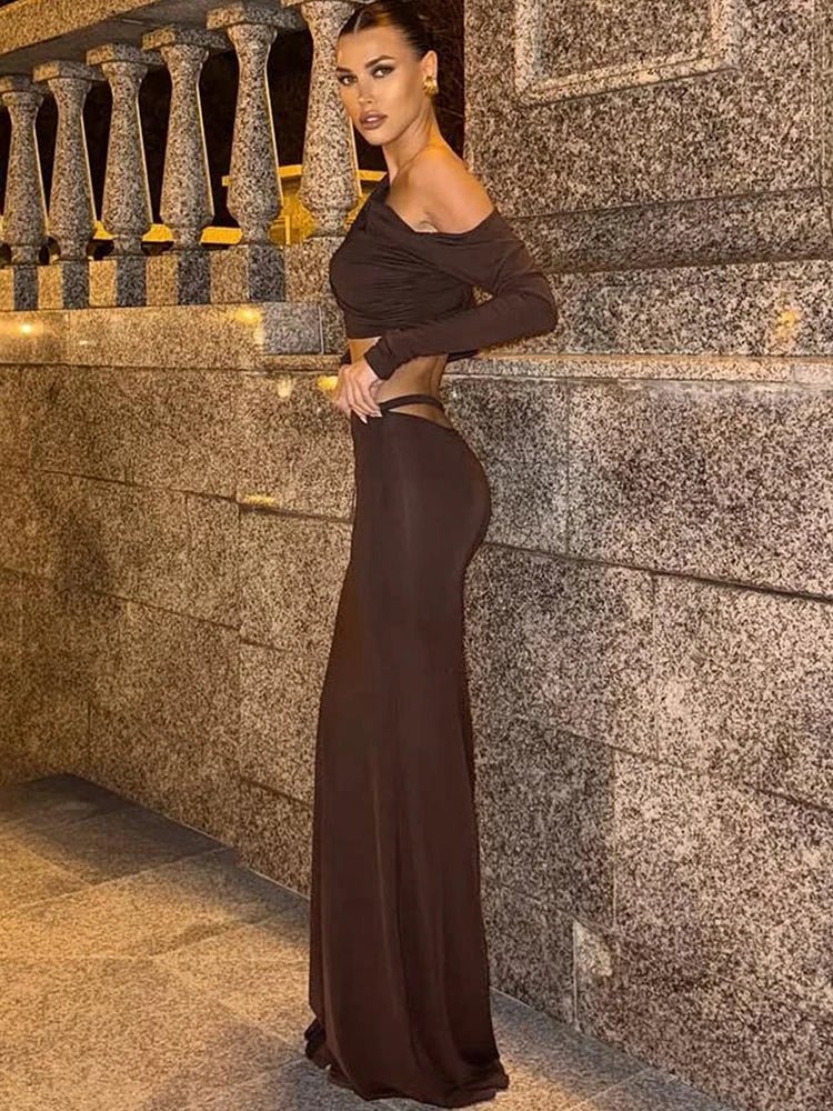 Whatiwear Fashion Elegant 2 Piece Set Women Skew Collar Off Shoulders Full Sleeve Crop Tops+Hollow Folds Skirt Prom Party Suits from NAPSA - 
