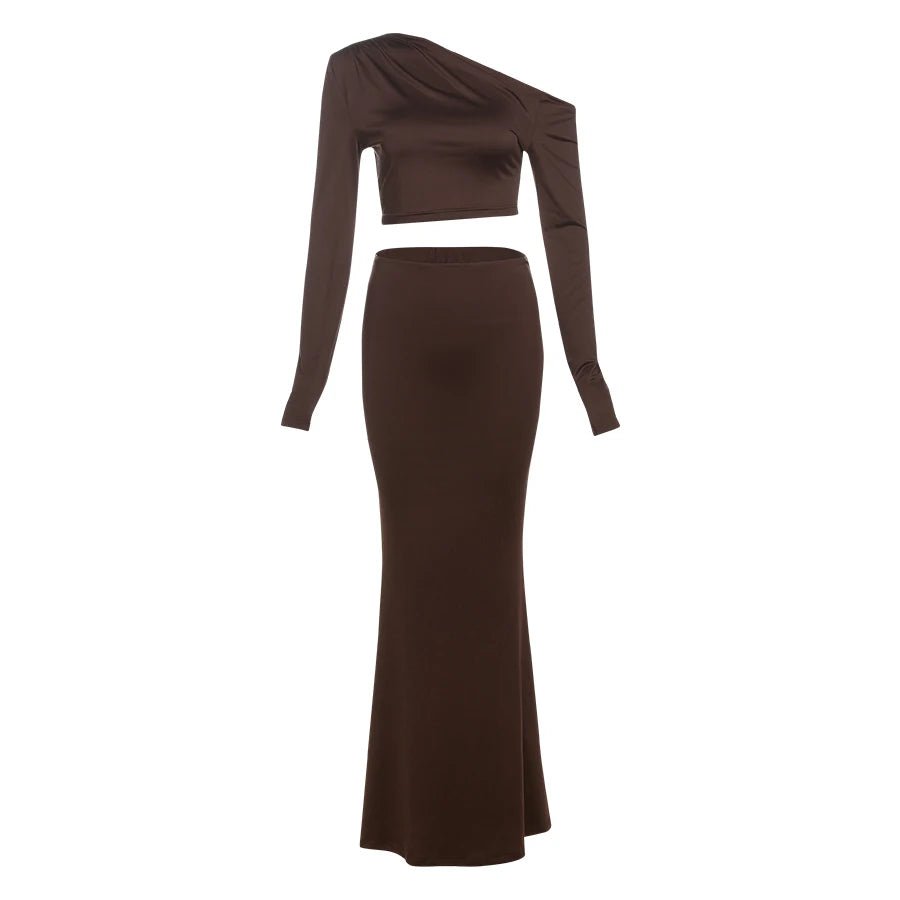 Whatiwear Fashion Elegant 2 Piece Set Women Skew Collar Off Shoulders Full Sleeve Crop Tops+Hollow Folds Skirt Prom Party Suits from NAPSA - 
