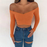 Women T-shirts sexy and club fashion female T-shirt long sleeve off shoulder solid color lady Tshirt autumn basic tees from NAPSA - 