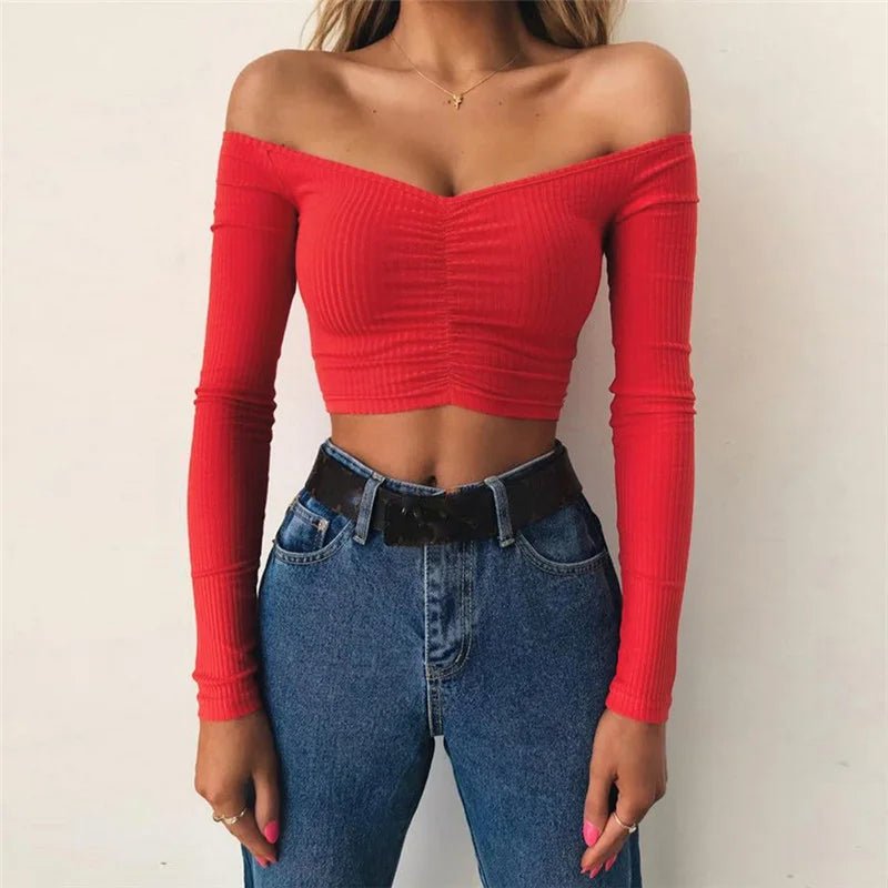 Women T-shirts sexy and club fashion female T-shirt long sleeve off shoulder solid color lady Tshirt autumn basic tees from NAPSA - 
