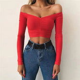 Women T-shirts sexy and club fashion female T-shirt long sleeve off shoulder solid color lady Tshirt autumn basic tees from NAPSA - 