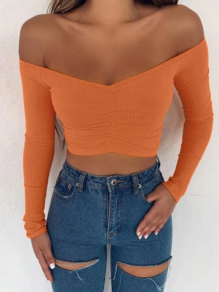 Women T-shirts sexy and club fashion female T-shirt long sleeve off shoulder solid color lady Tshirt autumn basic tees from NAPSA - 