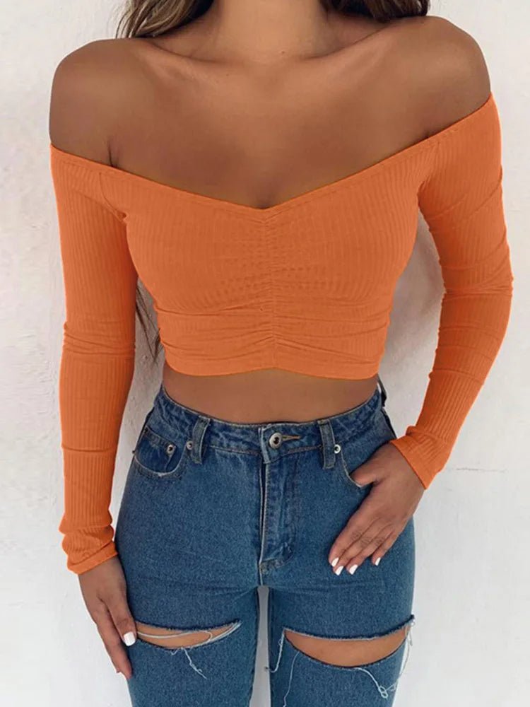 Women T-shirts sexy and club fashion female T-shirt long sleeve off shoulder solid color lady Tshirt autumn basic tees from NAPSA - 