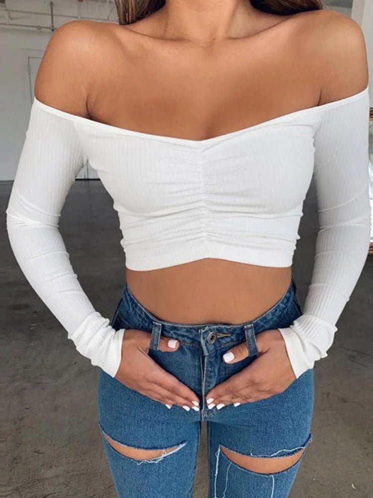 Women T-shirts sexy and club fashion female T-shirt long sleeve off shoulder solid color lady Tshirt autumn basic tees from NAPSA - 